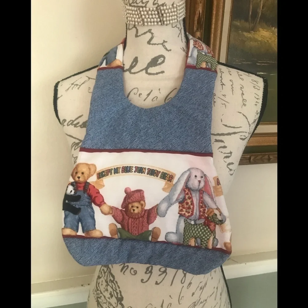 Rare Daisy Kingdom Blue Jean Teddy Bear Quilt Bib